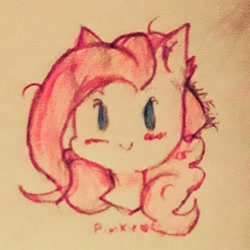 Size: 1080x1080 | Tagged: safe, artist:friskou_chan, pinkie pie, earth pony, pony, g4, blushing, bust, female, mare, signature, smiling, solo, traditional art