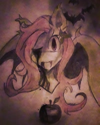 Size: 1080x1350 | Tagged: safe, artist:friskou_chan, fluttershy, bat, bat pony, pony, g4, apple, bat ponified, blood, bust, crying, female, flutterbat, food, mare, one eye closed, race swap, tears of blood, traditional art, wink