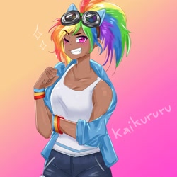 Size: 3000x3000 | Tagged: safe, artist:kaikururu, kotobukiya, rainbow dash, human, g4, anime, breasts, cleavage, dark skin, female, goggles, grin, high res, humanized, kotobukiya rainbow dash, looking at you, one eye closed, smiling, solo, wink, winking at you