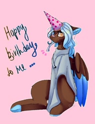 Size: 1652x2160 | Tagged: safe, artist:ellis_sunset, oc, oc only, pegasus, pony, bandaid, bandaid on nose, clothes, colored hooves, freckles, frog (hoof), happy birthday, hat, heterochromia, jewelry, necklace, party hat, party horn, pegasus oc, pink background, simple background, two toned wings, underhoof, wings, yin-yang