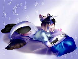 Size: 2560x1930 | Tagged: safe, artist:ellis_sunset, oc, oc only, pony, unicorn, clothes, horn, leonine tail, lying down, pillow, prone, reading, solo, tablet, unicorn oc