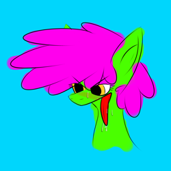 Size: 2560x2560 | Tagged: safe, oc, oc only, earth pony, pony, blue background, blushing, drool, female, high res, nightmare fuel, simple background, solo, sweat, tongue out