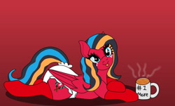 Size: 1280x772 | Tagged: safe, artist:small-brooke1998, pony, unicorn, :p, adult foal, diaper, diaper fetish, female, fetish, food, mug, non-baby in diaper, ponified, solo, tea, tongue out, transformers, windblade