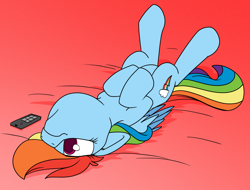 Size: 1200x912 | Tagged: safe, artist:dacaoo, rainbow dash, pegasus, pony, g4, cute, dashabetes, female, floppy ears, folded wings, lying down, mare, on back, remote control, solo, upside down, wings