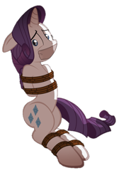 Size: 501x745 | Tagged: safe, artist:radiantrealm, edit, rarity, pony, unicorn, g4, background removed, belly, bondage, bound and gagged, female, floppy ears, gag, looking at you, mare, rope, rope bondage, shrunken pupils, simple background, solo, tape, tape gag, tied up, transparent background