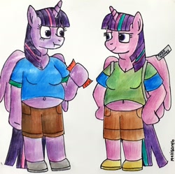 Size: 1940x1930 | Tagged: safe, artist:melisareb, starlight glimmer, twilight sparkle, alicorn, unicorn, anthro, unguligrade anthro, g4, alternate hairstyle, breasts, busty starlight glimmer, busty twilight sparkle, chubby, chubby twilight, cursed image, downvote bait, duo, female, mane swap, mare, not salmon, overweight, traditional art, twilight sparkle (alicorn), wat, wings, wtf