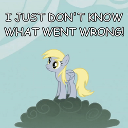 Size: 326x327 | Tagged: safe, edit, edited screencap, screencap, derpy hooves, pegasus, pony, g4, season 2, the last roundup, caption, cloud, cropped, female, i just don't know what went wrong, mare, reaction image, solo