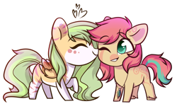 Size: 1619x1018 | Tagged: safe, artist:cloud-fly, oc, oc only, earth pony, pegasus, pony, chibi, cute, female, kissing, mare, simple background, transparent background