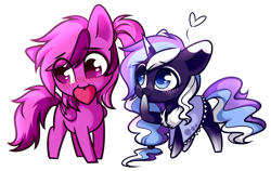 Size: 1584x1003 | Tagged: safe, artist:cloud-fly, oc, oc only, oc:frosty lavender, pegasus, pony, unicorn, chibi, cute, female, heart, mare, mouth hold, simple background, transparent background
