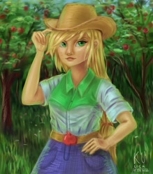 Size: 1890x2160 | Tagged: safe, alternate version, artist:x__kulich__x, applejack, equestria girls, g4, apple, apple tree, clothes, female, food, hand on hip, hat, outdoors, signature, solo, tree