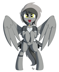 Size: 1300x1600 | Tagged: safe, artist:ponynamedmixtape, oc, oc only, oc:graeyscale, pegasus, pony, bell, bipedal, cat bell, choker, clothes, collar, featureless crotch, female, looking at you, maid, mare, presenting, simple background, skirt, skirt lift, solo, transparent background