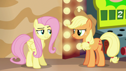 Size: 1280x720 | Tagged: safe, screencap, applejack, fluttershy, earth pony, pegasus, pony, g4, viva las pegasus, duo