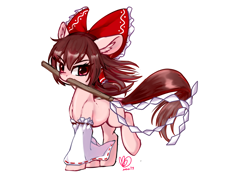 Size: 3541x2508 | Tagged: safe, artist:inaba_hitomi, earth pony, pony, bow, crossover, detached sleeves, dock, female, gohei, hair bow, hakurei reimu, high res, looking at you, mare, mouth hold, ponified, raised leg, simple background, solo, touhou, white background