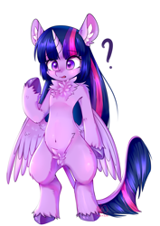 Size: 2150x3035 | Tagged: safe, artist:inaba_hitomi, twilight sparkle, alicorn, semi-anthro, g4, arm hooves, belly button, bipedal, chest fluff, ear fluff, female, high res, leonine tail, open mouth, pixiv, pubic fluff, question mark, simple background, solo, tail, twilight sparkle (alicorn), unshorn fetlocks, white background