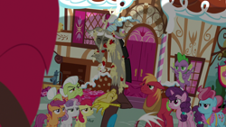 Size: 1920x1080 | Tagged: safe, screencap, apple bloom, big macintosh, cup cake, discord, granny smith, scootaloo, sugar belle, sweetie belle, g4, the big mac question, angry, apple, cutie mark crusaders, food, unamused, upset