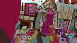 Size: 1920x1080 | Tagged: safe, screencap, apple bloom, big macintosh, cup cake, discord, granny smith, scootaloo, spike, sugar belle, sweetie belle, g4, the big mac question, angry, apple, cutie mark crusaders, food, unamused