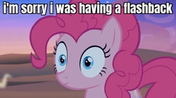 Size: 1279x717 | Tagged: safe, edit, edited screencap, screencap, pinkie pie, pony, daring done?, g4, caption, charlie and the chocolate factory, female, image macro, implied ptsd, mare, roald dahl, solo, text, thousand yard stare
