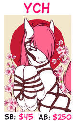 Size: 1000x1600 | Tagged: safe, artist:wwredgrave, pony, advertisement, auction, auction open, bondage, cherry blossoms, commission, flower, flower blossom, japanese, rope, rope bondage, ropes, shibari, solo, tree, ych sketch, your character here