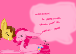 Size: 792x568 | Tagged: safe, artist:girzim88, cheese sandwich, pinkie pie, earth pony, pony, g4, deviantart muro, duo, female, hearts and hooves day, male, pink background, ship:cheesepie, shipping, simple background, straight, valentine's day card