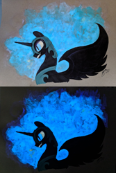 Size: 500x750 | Tagged: safe, artist:brisineo, nightmare moon, alicorn, pony, g4, brown background, female, glow in the dark, glowing eyes, glowing mane, marker drawing, signature, simple background, smiling, solo, traditional art