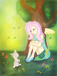 Size: 768x1024 | Tagged: safe, artist:catcor, fluttershy, human, rabbit, g4, animal, female, flower, forest, humanized, leaves, solo, tree, winged humanization, wings