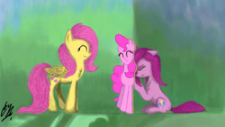 Size: 1023x579 | Tagged: safe, artist:catcor, fluttershy, pinkie pie, earth pony, pegasus, pony, g4, crying, depression, duality, duo, female, pinkamena diane pie, sad