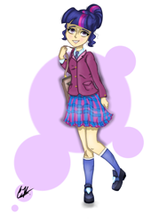 Size: 768x1024 | Tagged: safe, artist:catcor, twilight sparkle, human, g4, abstract background, clothes, female, humanized, skirt, solo