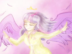 Size: 1024x768 | Tagged: safe, artist:catcor, twilight sparkle, human, g4, crown, eyes closed, female, gradient background, humanized, jewelry, outstretched arms, regalia, solo, winged humanization, wings