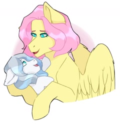 Size: 1280x1332 | Tagged: safe, artist:llamapyjmas, fluttershy, oc, oc:snow storm, pegasus, pony, g4, female, filly, fluttermom, holding a pony, magical lesbian spawn, mother and child, mother and daughter, offspring, parent:fluttershy, parent:rainbow dash, parents:flutterdash, short mane, simple background, white background