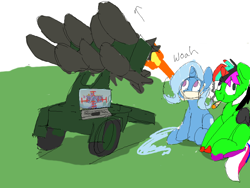 Size: 1000x750 | Tagged: safe, artist:wallswallswalls, trixie, oc, oc:zorse, pony, unicorn, g4, colored, computer, drugs, female, joint, laptop computer, male alicorn, mare, marijuana, mask, missile, missile launcher, multicolored hair, sitting, twilight's castle