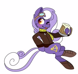 Size: 4096x3916 | Tagged: safe, alternate version, artist:inkynotebook, oc, oc only, oc:aether naut, earth pony, pony, beer mug, blushing, boots, cider, clothes, earth pony oc, female, goggles, hoof hold, mare, one eye closed, scarf, shoes, simple background, solo, white background, wink