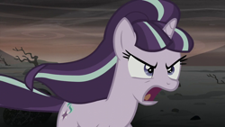 Size: 1280x720 | Tagged: safe, screencap, starlight glimmer, g4, the cutie re-mark, angry, confused, female, mare, open mouth, overcast, wasteland, wind