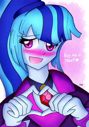 Size: 2100x3000 | Tagged: safe, artist:pixsoda, sonata dusk, equestria girls, g4, blushing, bronybait, cute, female, food, gem, heart, heart hands, high res, shy, siren gem, solo, sonatabetes, sonataco, taco, that girl sure loves tacos, that siren sure does love tacos