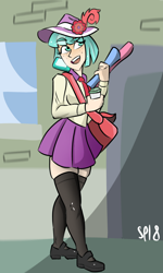 Size: 1200x2000 | Tagged: safe, artist:pixsoda, coco pommel, human, g4, clothes, female, freckles, hat, human coloration, humanized, skirt, solo, zettai ryouiki
