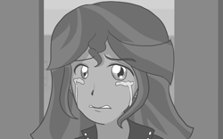 Size: 844x527 | Tagged: safe, artist:anael34gaby, sunset shimmer, equestria girls, g4, crying, female, monochrome, sad, solo, sunsad shimmer