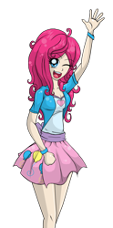 Size: 1670x3373 | Tagged: safe, artist:gerardwei, pinkie pie, human, g4, breasts, cleavage, clothes, female, humanized, one eye closed, simple background, skirt, solo, transparent background, waving, wink