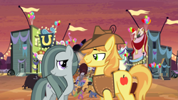 Size: 2063x1161 | Tagged: safe, braeburn, marble pie, bison, buffalo, earth pony, pony, g4, appleloosa, braeble, crack shipping, dancing, evening, female, festival, looking at each other, lyrics in the description, male, party, romance, shipping, smiling, stallion, straight, this will end in love, visiting, youtube link