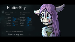 Size: 3000x1688 | Tagged: safe, artist:derpymuffinartist, fluttershy, pegasus, pony, g4, blood, character profile, crossover, female, floppy ears, solo, until dawn