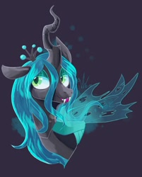 Size: 1280x1595 | Tagged: safe, artist:victoriahwinter, queen chrysalis, changeling, changeling queen, g4, :p, bust, crown, fangs, female, jewelry, looking sideways, one ear down, regalia, simple background, solo, tongue out
