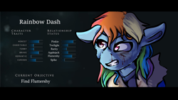 Size: 3000x1688 | Tagged: safe, artist:derpymuffinartist, rainbow dash, pegasus, pony, g4, blood, character profile, crossover, female, until dawn