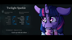 Size: 3000x1688 | Tagged: safe, artist:derpymuffinartist, twilight sparkle, pony, g4, character profile, crossover, female, solo, until dawn