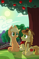 Size: 3600x5400 | Tagged: source needed, safe, artist:template93, applejack, braeburn, pony, g4, absurd resolution, apple, apple tree, clothes, cloud, duo, family, fence, food, hat, hill, implied incest, sitting, sky, sun, tree, vest