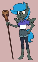 Size: 635x1046 | Tagged: safe, artist:whatsapokemon, oc, oc:jade shine, bird, owl, pegasus, pony, anthro, unguligrade anthro, anthro oc, clothes, cosplay, costume, crossover, female, filly, hoodie, leggings, luz noceda (the owl house), owlbert, palisman, shorts, simple background, staff, the owl house, wings, young
