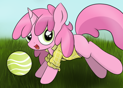 Size: 3550x2550 | Tagged: safe, artist:skatalapu, ruby pinch, pony, unicorn, g4, ball, clothes, female, grass, high res, playing, solo