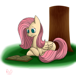 Size: 3000x3000 | Tagged: safe, artist:redprep, fluttershy, pegasus, pony, g4, book, female, high res, reading, solo, tree