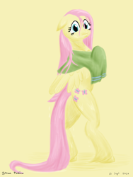 Size: 1800x2400 | Tagged: safe, artist:rockhoppr3, fluttershy, pegasus, pony, g4, bipedal, female, looking at you, mare, solo, towel, unshorn fetlocks, wet, wet mane