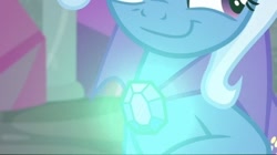 Size: 454x254 | Tagged: safe, artist:disneymarvel96, edit, edited screencap, screencap, trixie, pony, unicorn, a horse shoe-in, g4, brooch, cape, clasp, close-up, clothes, female, glowing, light up, solo, trixie's glowing brooch