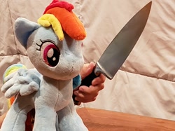 Size: 882x661 | Tagged: safe, rainbow dash, pegasus, pony, g4, delet this, hand, irl, knife, photo, plushie, solo