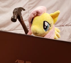Size: 702x618 | Tagged: safe, fluttershy, pegasus, pony, g4, asus, computer, explicit source, hammer, irl, photo, plushie, solo