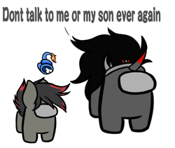 Size: 1900x1600 | Tagged: safe, artist:dracoflames, king sombra, oc, oc:brimstone, oc:draco flames, pony, unicorn, g4, among us, dead, dead body, don't talk to me or my son ever again, explicit source, father and child, father and son, horn, male, meme, simple background